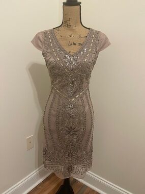 ANTONIO MELANI Beaded Embellished Taupe Midi Dress, Size 0, EUC